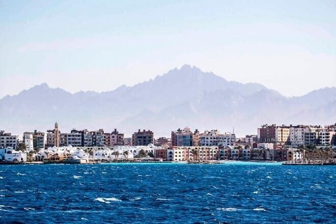 This picture taken from a ferry shows resorts and bazaars in Egypt's southern Red Sea city of Hurghada, June 19, 2020. Photo by Khaled Desouki/AFP via Getty Images.
