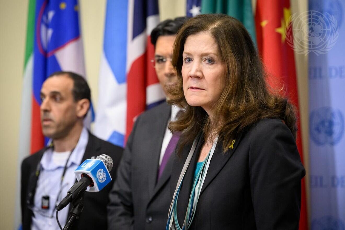 Dorothy Shea, interim U.S. ambassador to the United Nations, briefs reporters (alongside Israeli envoy Danny Danon and freed hostage Eli Sharabi) ahead of the U.N. Security Council meeting on the situation in the Middle East, March 20, 2025. Credit: Loey Felipe/U.N. Photo.