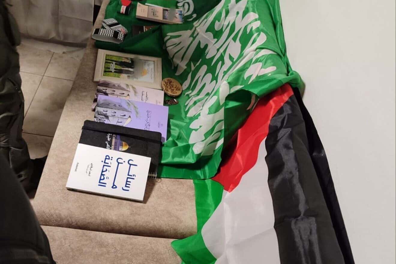 Hamas flags and other evidence found at the Kafr Kanna residence of Jihad Zrikat. Credit: Israel Police.