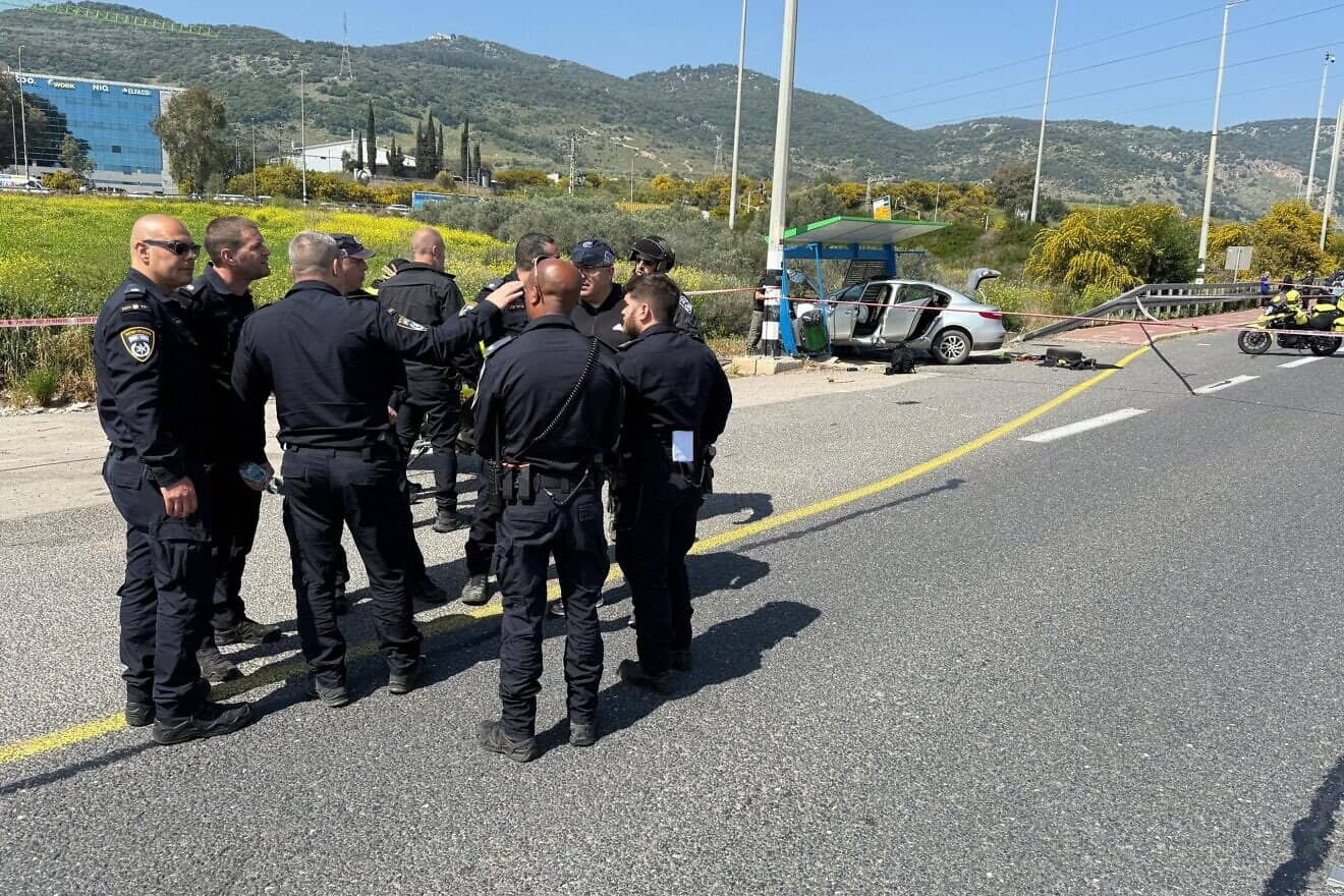 The scene of a terrorist attack at the Tishbi Junction on Route 66 near Yokneam, Israel, on March 24, 2025. Credit: Israel Police.
