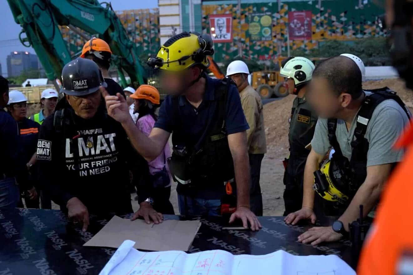 An Israeli delegation of experts from the IDF and the Defense Ministry arrived at Bangkok on March 30, 2025, to begin assisting the local authorities in rescue efforts of workers trapped underneath a building that collapsed due to a regional earthquake. Credit: IDF.