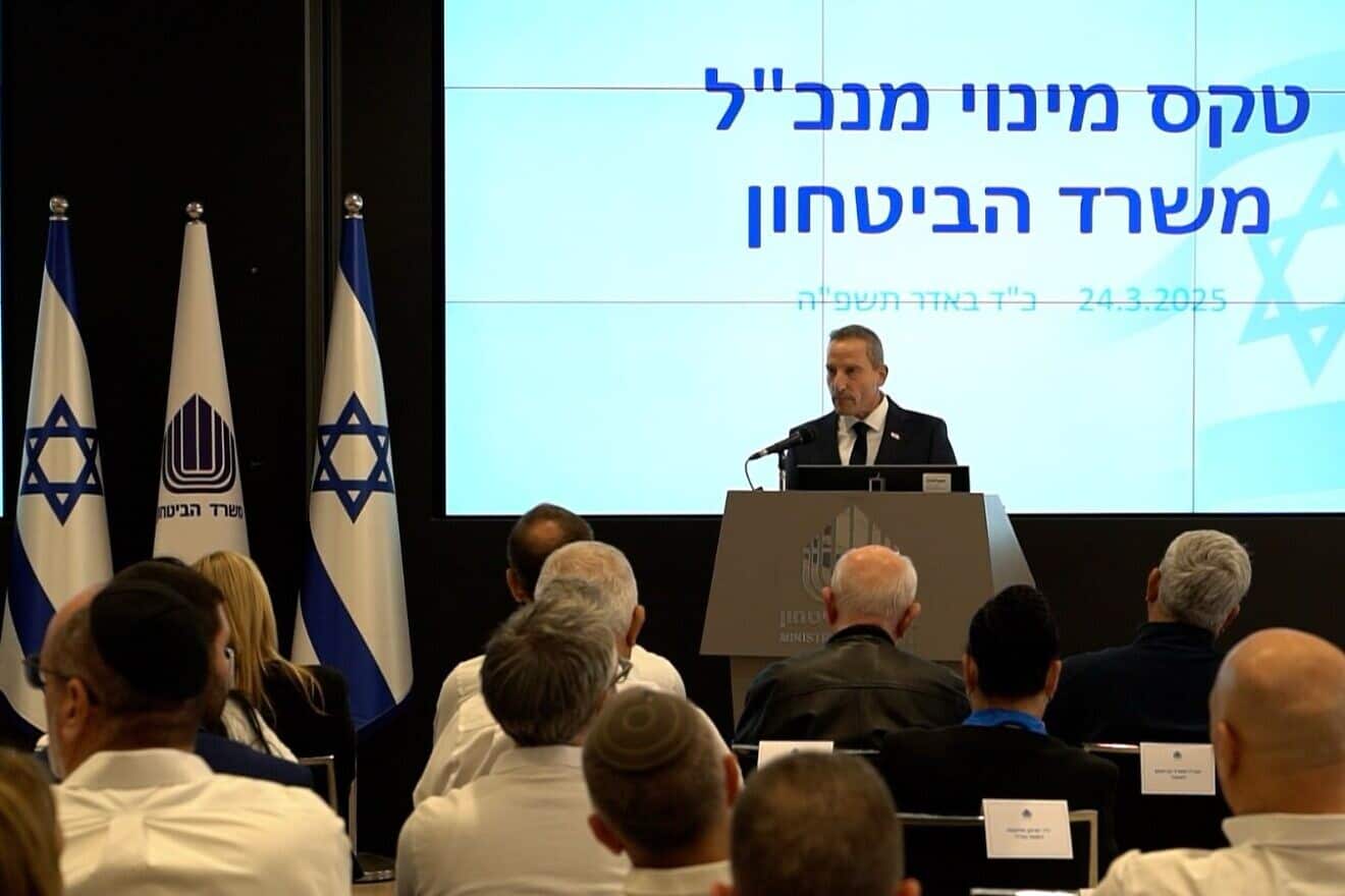 Maj. Gen. (Res.) Amir Baram speaks at his induction ceremony as the next Israeli Defense Ministry director general, March 24, 2025. Credit: Israeli Defense Ministry.