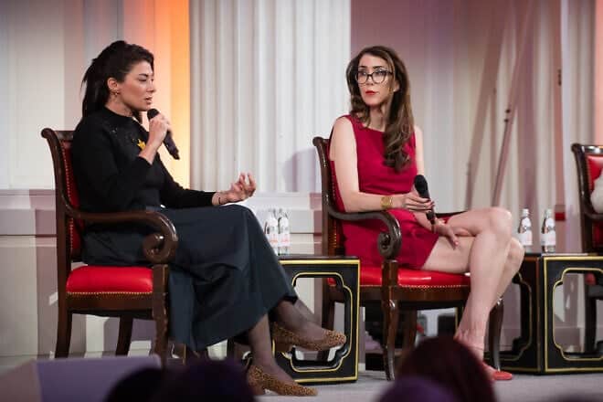 Rawan Osman and Brianna Wu speaking at the AJC Women's Leadership Board Annual Luncheon on the Upper East Side of Manhattan, on April 9. 2025. Photo Credit: Ellen Dubin