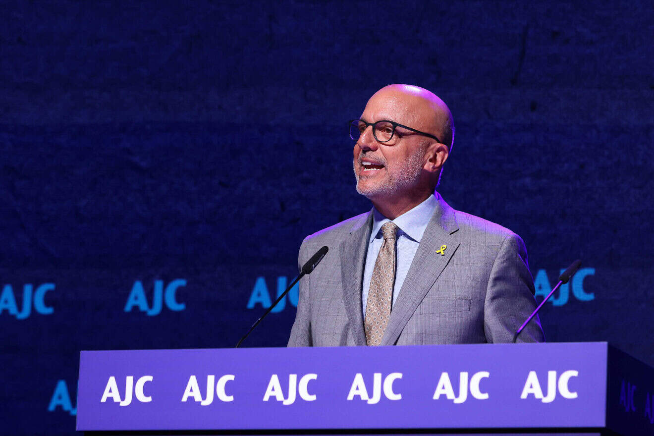 Ted Deutch, CEO of the American Jewish Committee, speaking at the organization's Global Forum 2025 opening plenary in New York City on April 28, 2025. Credit: Courtesy of AJC / Michael Priest Photography