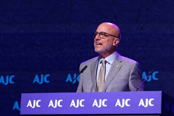 Ted Deutch, CEO of the American Jewish Committee, speaking at the organization's Global Forum 2025 opening plenary in New York City on April 28, 2025. Credit: Courtesy of AJC. 