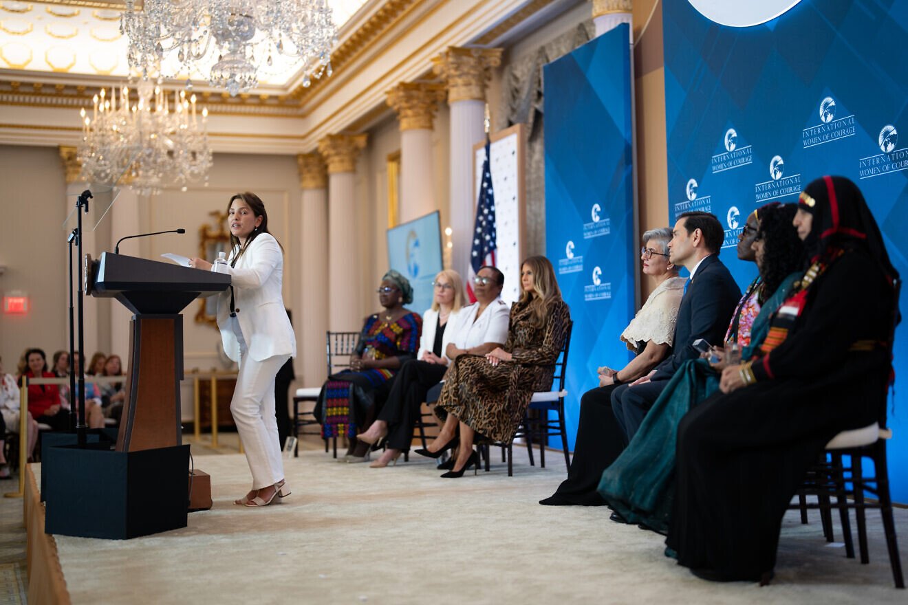 The freed hostage Amit Soussana speaks at the International Women of Courage Awards at the State Department, April 1, 2025. Credit: Andrea Hanks/White House.