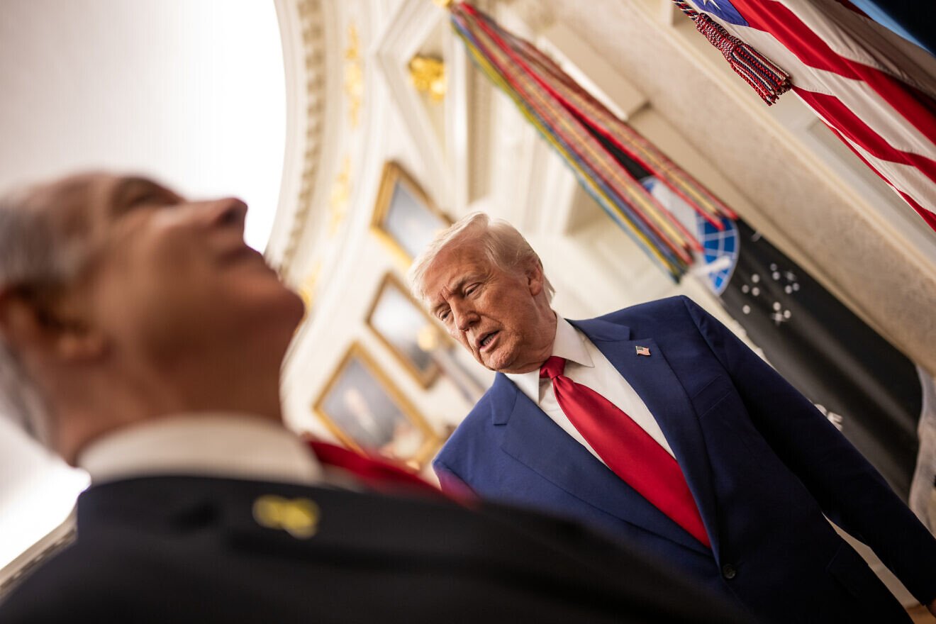 U.S. President Donald Trump greets Israeli Prime Minister Benjamin Netanyahu in the West Wing of the White House, April 7, 2025. Credit: Daniel Torok/White House.