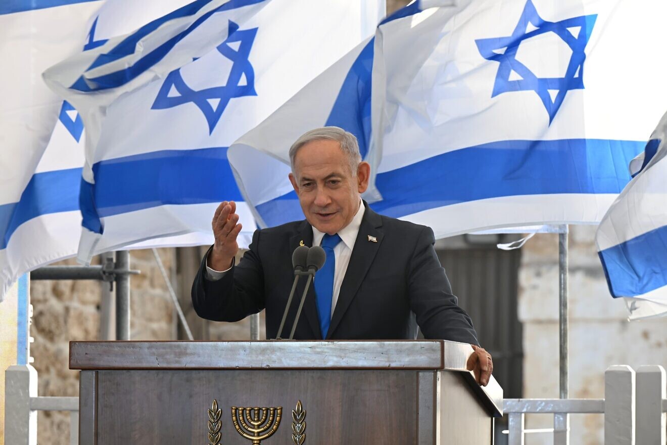 Israeli Prime Minister Benjamin Netanyahu at a memorial ceremony for the Irgun fighters who fell in the battle for Jaffa in 1948, April 2025. Credit: Haim Zach/ GPO.