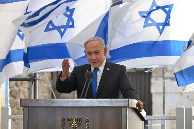 Israeli Prime Minister Benjamin Netanyahu at a memorial ceremony for the Irgun fighters who fell in the battle for Jaffa in 1948, April 2025. Credit: Haim Zach/ GPO.
