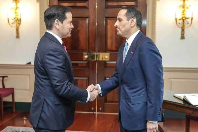 U.S. Secretary of State Marco Rubio meets with Qatari Prime Minister and Foreign Minister Mohammed bin Abdulrahman Al Thani at the U.S. State Department, April 22, 2025. Credit: Freddie Everett/U.S. State Department.