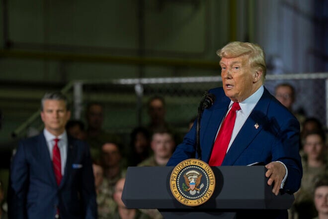 U.S. President Donald Trump delivers remarks to troops alongside U.S. Secretary of Defense Pete Hegseth at Selfridge Air National Guard Base, Harrison Township, Mich., April 29, 2025. Credit: U.S. Navy Petty Officer 1st Class Alexander Kubitza/U.S. Department of Defense.