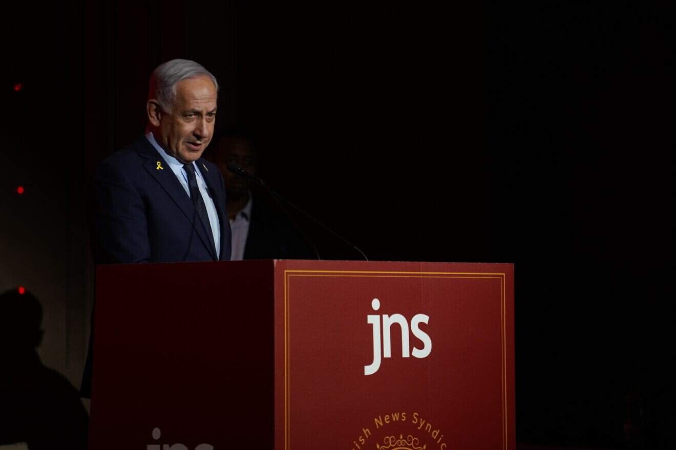 Israeli Prime Minister Benjamin Netanyahu addresses the inaugural JNS International Policy Summit in Jerusalem, April 27, 2025. Photo by Hillel Maeir.