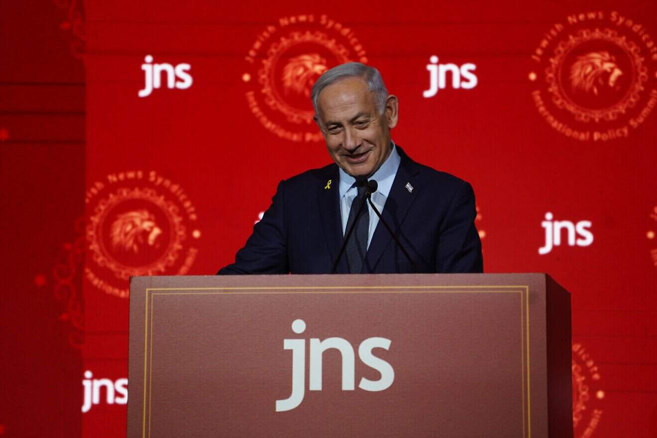 Israeli Prime Minister Benjamin Netanyahu addresses the inaugural JNS International Policy Summit in Jerusalem, April 27, 2025. Photo by Hillel Maeir.