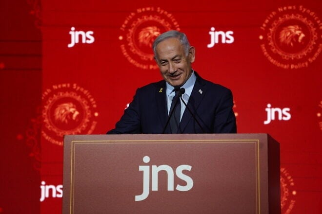 Israeli Prime Minister Benjamin Netanyahu addresses the inaugural JNS International Policy Summit in Jerusalem, April 27, 2025. Photo by Hillel Maeir.