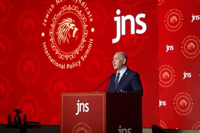 Israeli Prime Minister Benjamin Netanyahu addresses the inaugural JNS International Policy Summit in Jerusalem, April 27, 2025. Photo by Hillel Maeir.