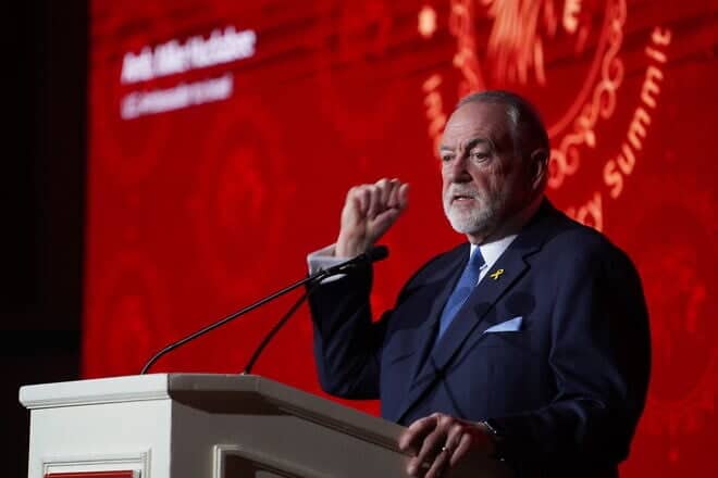 U.S. Ambassador to Israel Mike Huckabee addresses the JNS International Policy Summit in Jerusalem, April 28, 2025. Photo by Hillel Maeir.