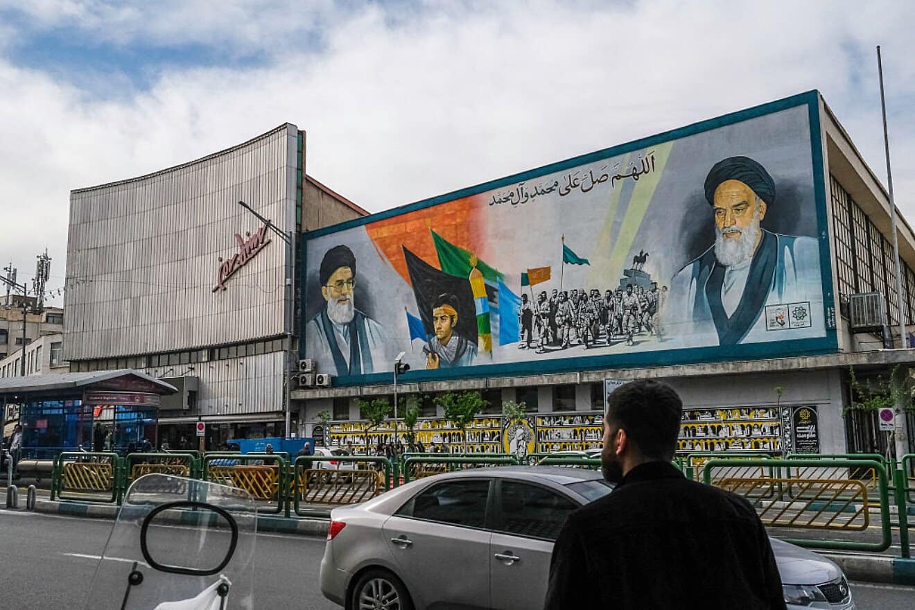 A mural depicts the two supreme leaders of Iran near Enghelab (Revolution) Square in downtown Tehran on April 8, 2025. Photo by Mohammadali Najib/Middle East Images/AFP via Getty Images.