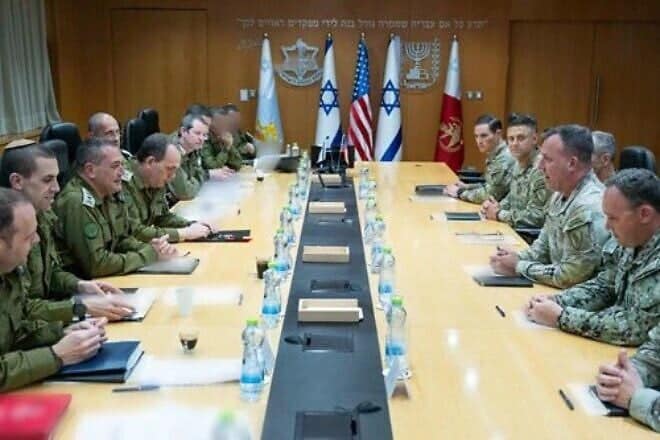CENTCOM chief Gen. Michael "Erik" Kurilla (center-right) meets with IDF Chief of Staff Lt. Gen. Eyal Zamir (center-left) at IDF HQ in Tel Aviv. (IDF)
