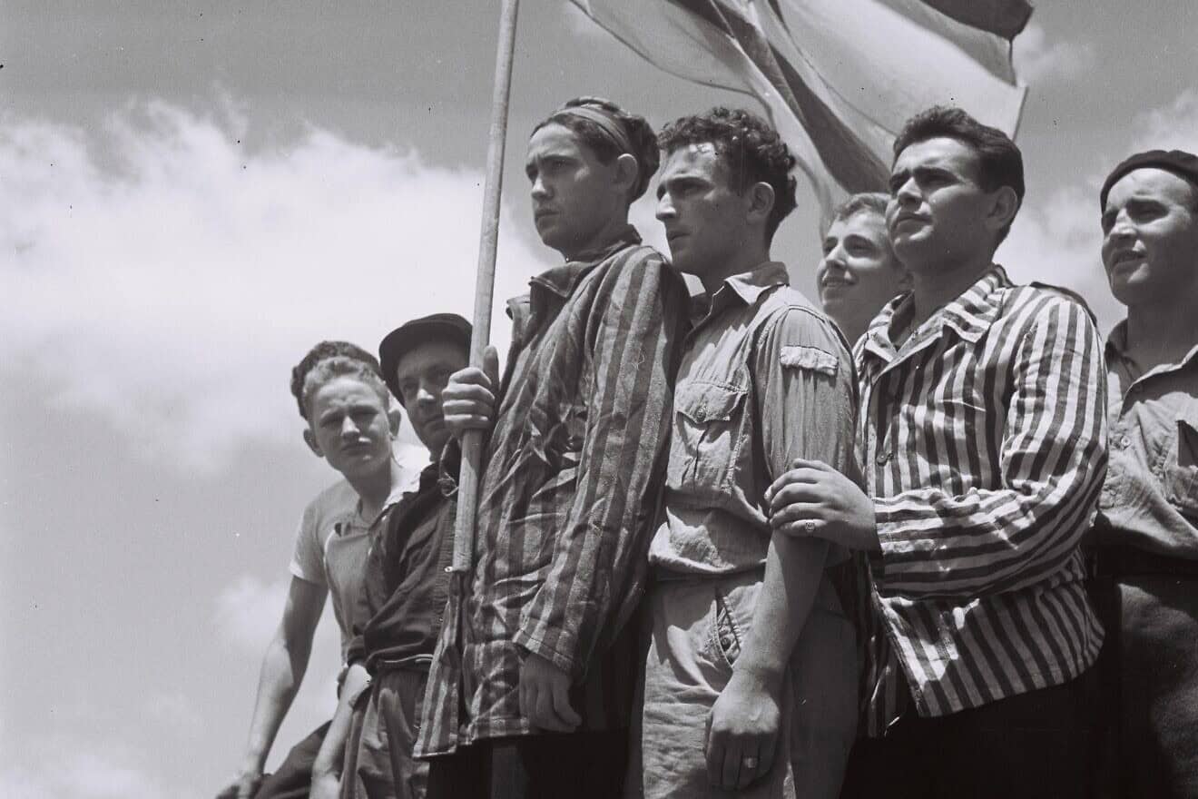 A group of former Buchenwald prisoners on the refugee ship "Mataroa" in the port of Haifa. Credit: Zoltan Kluger via Israel National Photo Collection/PMO.