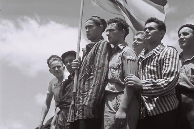 A group of former Buchenwald prisoners on the refugee ship "Mataroa" in the port of Haifa. Credit: Zoltan Kluger via Israel National Photo Collection/PMO.