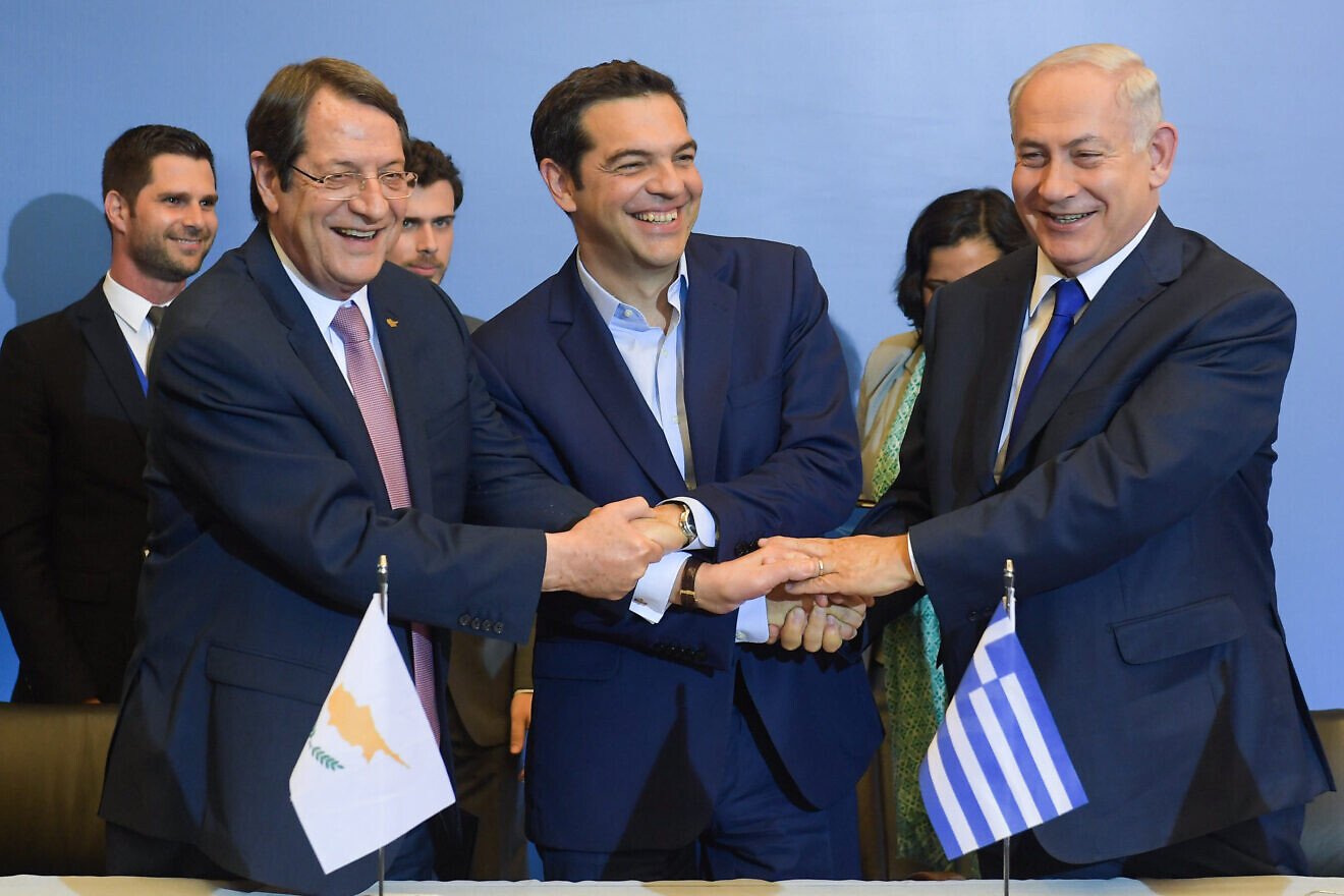 Israeli Prime minister Benjamin Netanyahu holds a joint press conference with Cyprus President Nicos Anastasiades and Greek Prime Minister Alexis Tsipras, in Saloniki, Greece, on June 15, 2017. Credit: Amos Ben Gershom/GPO.