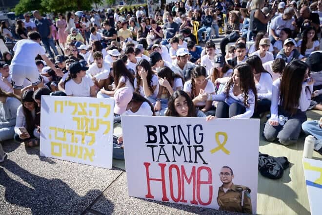 Hundreds of people gather at "Hostages Square" in Tel Aviv to mark the 20th birthday of Tamir Nimrodi, who has been held hostage since Oct. 7, 2023, by Hamas terrorists in the Gaza Strip, Nov. 15, 2024. Photo by Avshalom Sassoni/Flash90.