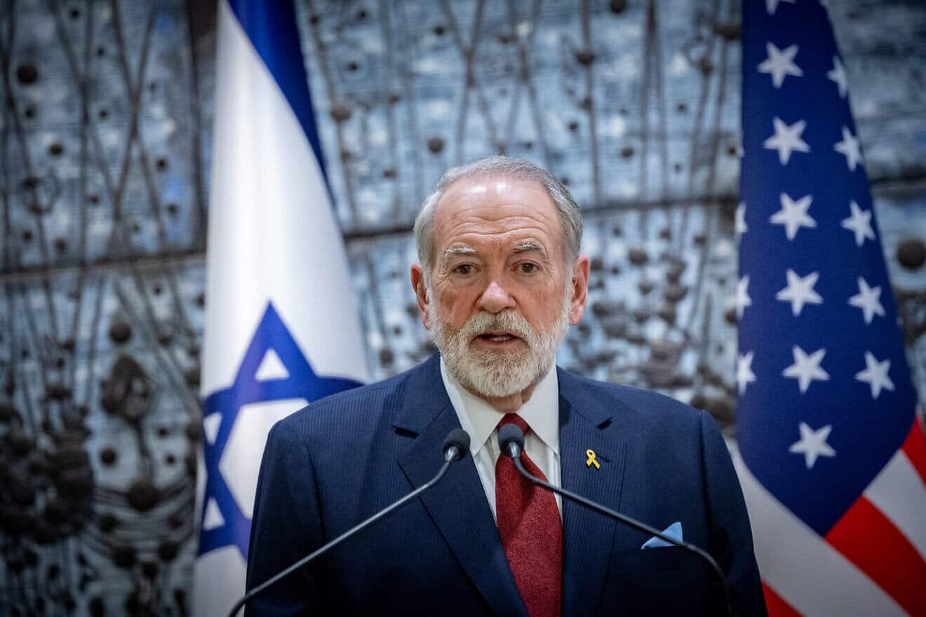 U.S. Ambassador to Israel Mike Huckabee speaks during his credentials ceremony at the President's Residence in Jerusalem, April 21, 2025. Photo by Chaim Goldberg/Flash90.