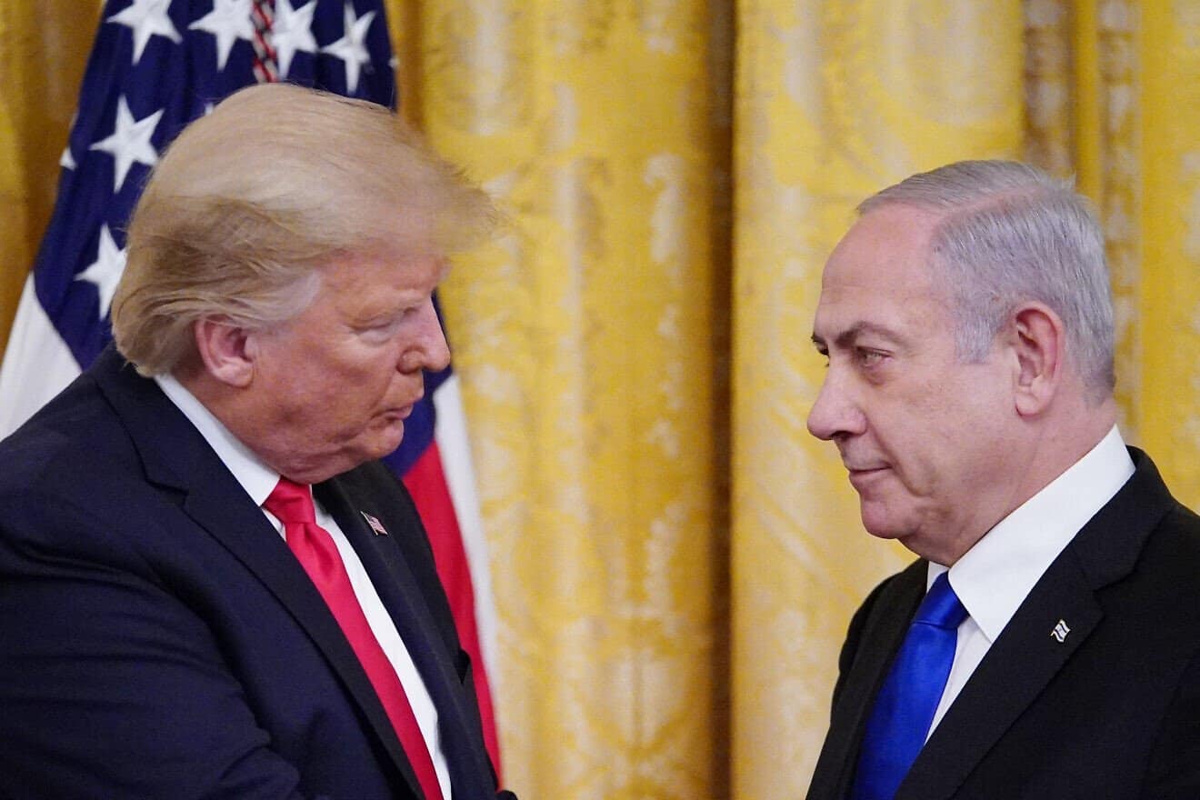 U.S. President Donald Trump and Israel's Prime Minister Benjamin Netanyahu take part in an announcement of Trump's Middle East peace plan in the East Room of the White House in Washington, DC on Jan. 28, 2020. Photo by Mandel Ngan/AFP via Getty Images.