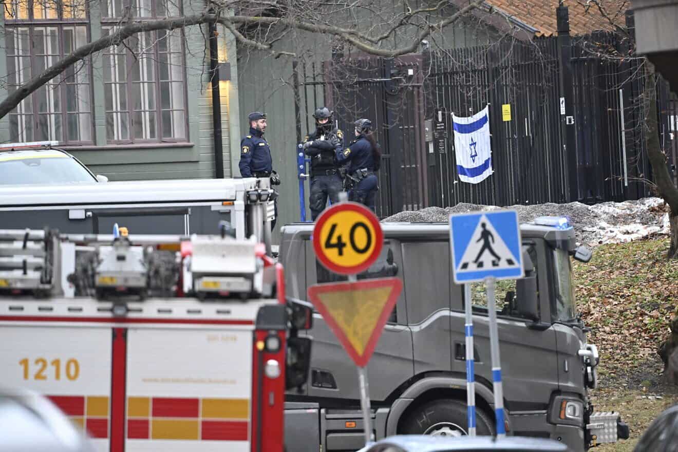 Police officers are seen after a hand grenade was found near the Israeli embassy in Stockholm, Sweden, on Jan. 31, 2024. Photo by Henrik Montgomery/TT News Agency/AFP via Getty Images.
