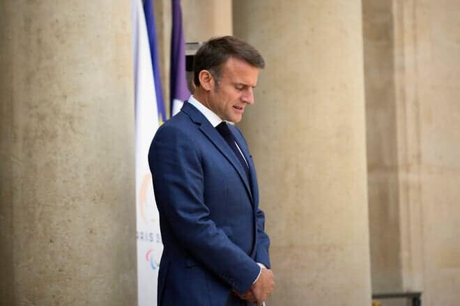 French President Emmanuel Macron waits for Hungarian Prime Minister Viktor Orban to to arrive for a meeting at Elysee Palace on June 26, 2024 in Paris, France. Photo by Remon Haazen/Getty Images.