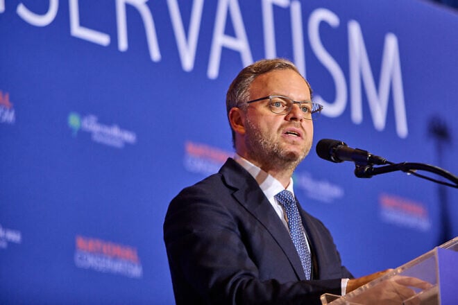 Balázs Orbán, member of the Hungarian National Assembly and political director for Hungarian Prime Minister Viktor Orbán, speaks at the National Conservative Conference in Washington D.C., July 9, 2024. Credit: Dominic Gwinn/Middle East Images/AFP via Getty Images.