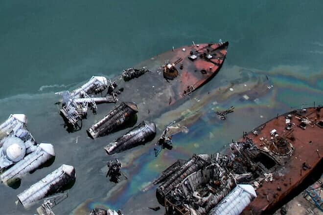 Sunken Syrian missile boats that were hit by an Israeli strike on the port of Latakia in western Syria, Dec. 30, 2024. Photo by Aaref Watad/AFP via Getty Images.