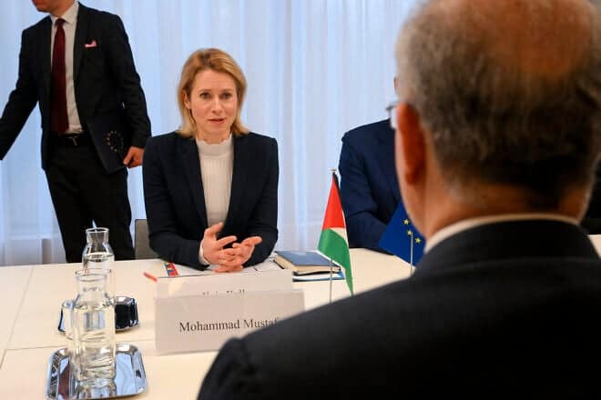 Vice-President of the European Commission Kaja Kallas (L) speaks as she attends a meeting with Prime Minister and Minister of Foreign Affairs of the Palestinian Authority in Brussels on Jan. 17, 2025. Photo by Nicolas Tucat/AFP via Getty Images.