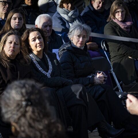 Mayor of Amsterdam Femke Halsema (C) looks on as she attends Netherlands' National Holocaust Remembrance Day, in Amsterdam on Jan. 26, 2025, marking the 80th anniversary of the liberation of Auschwitz concentration and extermination camp. Photo by Ramon van Flymen/ANP/AFP via Getty Images.