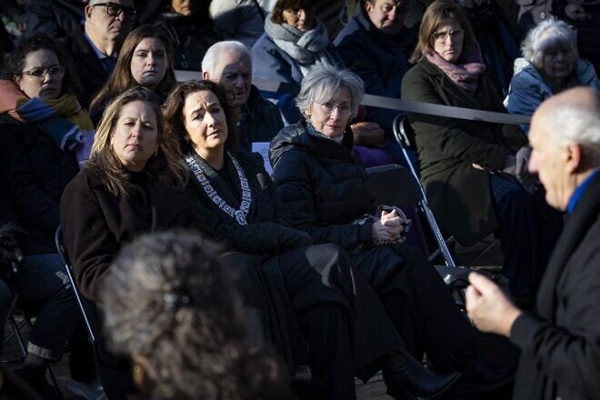 Mayor of Amsterdam Femke Halsema (center) looks on as she attends Netherlands' National Holocaust Remembrance Day, in Amsterdam, marking the 80th anniversary of the liberation of Auschwitz concentration and extermination camp, on Jan. 26, 2025. Photo by Ramon van Flymen/ANP/AFP via Getty Images.