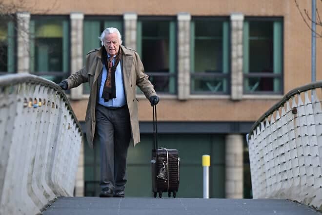 Michael Mansfield KC makes his way into the Omagh Inquiry on Feb. 4, 2025 in Omagh, Northern Ireland. Photo by Charles McQuillan/Getty Images.