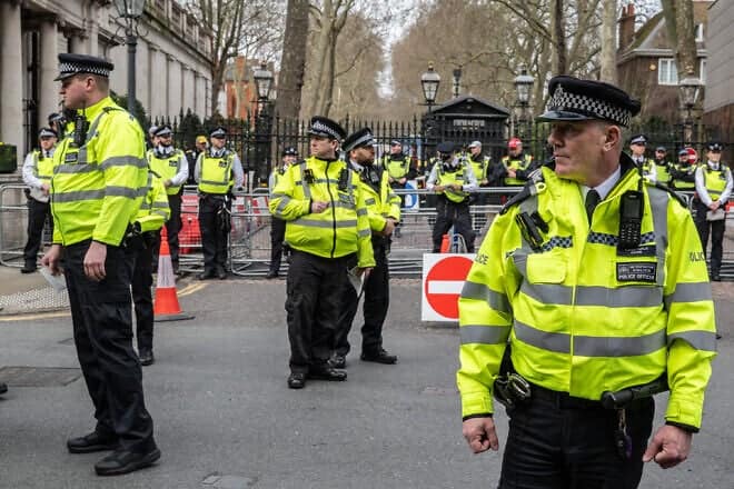 Police maintain a visible presence at the entrance to the Israeli embassy in London during an anti-Israel rally, March 22, 2025. Photo by Guy Smallman/Getty Images.