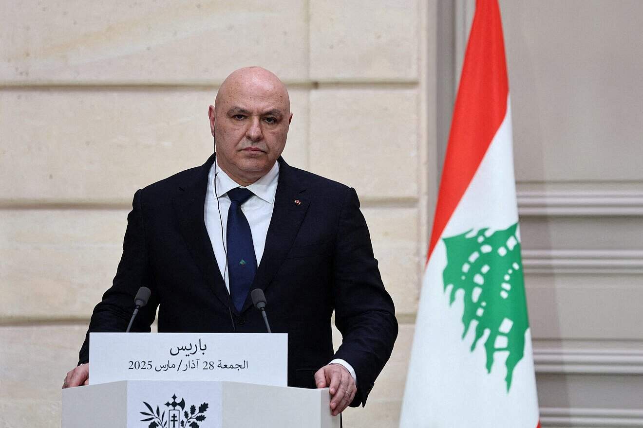 Lebanese President Joseph Aoun attends a press conference after a multilateral meeting "Mediterranee orientale MEDOR" at the Elysee Presidential Palace in Paris, on March 28, 2025. Photo by Sarah Meyssonnier/POOL/AFP via Getty Images.