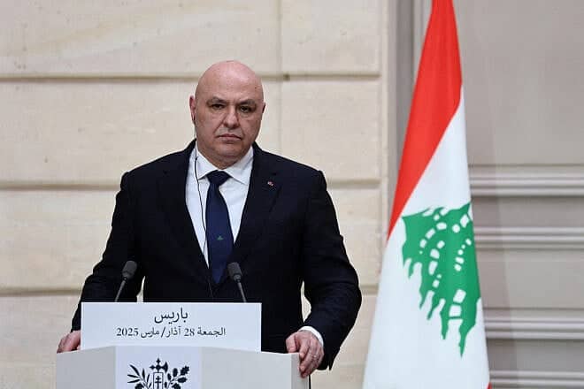 Lebanese President Joseph Aoun attends a press conference after a multilateral meeting "Mediterranee orientale MEDOR" at the Elysee Presidential Palace in Paris, on March 28, 2025. Photo by Sarah Meyssonnier/POOL/AFP via Getty Images.