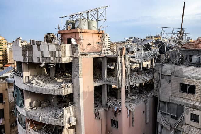 A heavily-damaged rooftop of a building is pictured at the site of an Israeli strike on a building in Beirut's southern suburbs on April 1, 2025. Photo by Ibrahim Amro/AFP via Getty Images.
