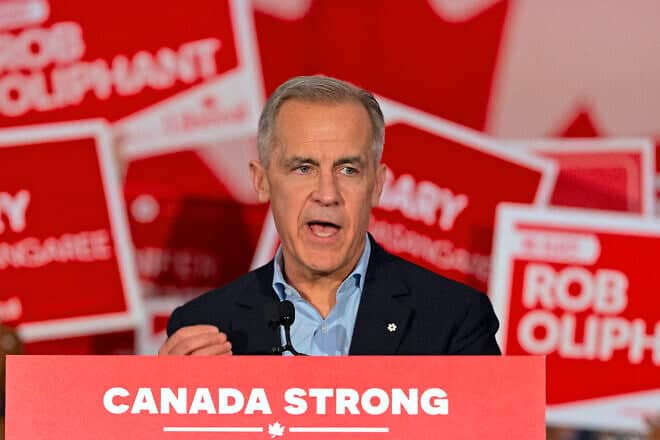 Canadian Prime Minister Mark Carney speaks during a campaign rally at the Metropolitan Centre in Toronto, Ontario, April 4, 2025. Photo by Peter Power/AFP via Getty Images.