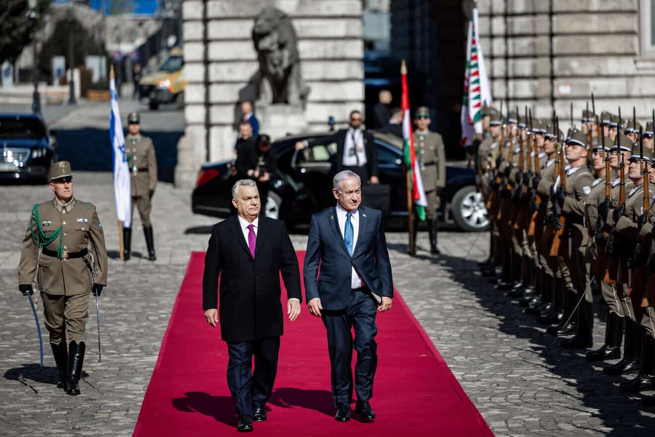 Hungarian Prime Minister Viktor Orbán receives Israeli Prime Minister Benjamin Netanyahu in Budapest on April 3, 2025. Photo by Janos Kummer/Getty Images.