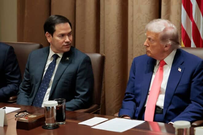 U.S. Secretary of State Marco Rubio speaks alongside President Donald Trump during a Cabinet meeting at the White House on April 10, 2025. Photo by Anna Moneymaker/Getty Images.