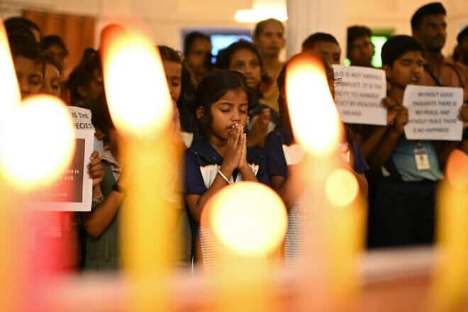 Students at a school in Chennai pay homage to those killed by gunmen in Kashmir's Pahalgam,  April 23, 2025. Credit: Photo by R. Satish Babu/ AFP via Getty Images.