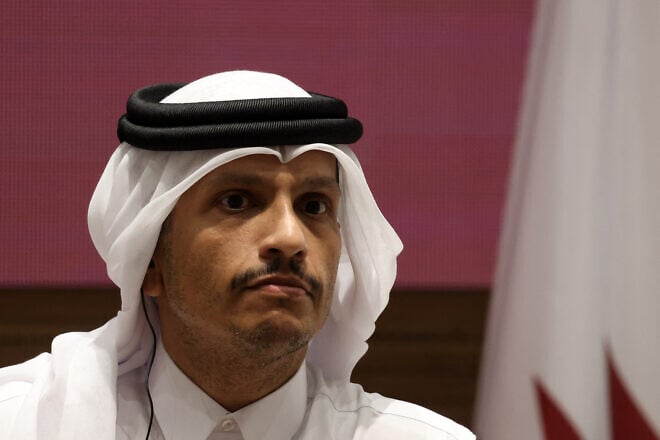 Qatari Prime Minister Mohammed bin Abdulrahman bin Jassim Al Thani at a joint press conference with Turkey's foreign minister in Doha, on April 27, 2025. Photo by Karim Jaafar/AFP via Getty Images.