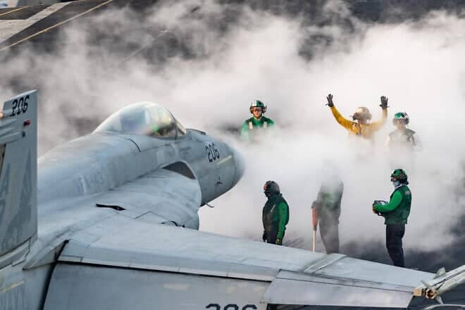 A U.S. fighter jet readies to lift off from the USS Harry S. Truman aircraft carrier for operations in the U.S. Central Command area of responsibility. Source: @CENTCOM/X.