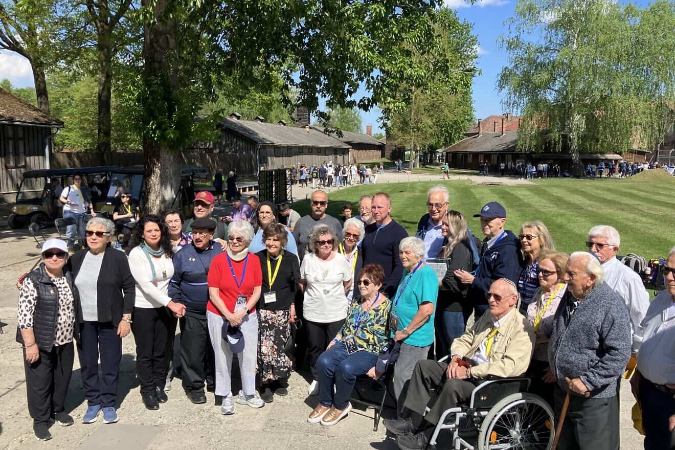 Holocaust survivors at Auschwitz, 80 years after it was liberated, with Merrill Eisenhower, the great-grandson of U.S. Gen. Dwight D. Eisenhower, on April 23, 2025. Photo by Etgar Lefkovits.