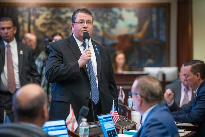 Randy Fine, then-Florida state representative, explains HB 7C, a bill relating to security grants for schools at risk of antisemitic attacks during Special Session C, March 31, 2023. Credit: Sarah Gray/Florida House of Representatives.