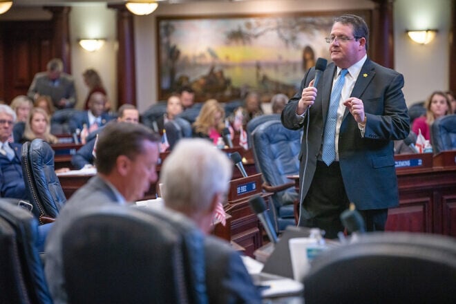Randy Fine, a Florida state representative, presents HB 1209, a resolution regarding the disassociation from Council on American-Islamic Relations, during session in the House Chamber. Feb. 1, 2024. Credit: Sarah Gray/Florida House of Representatives.
