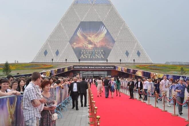 The red carpet at the International Astana Action Film Festival in Kazakhstan, 2010. Photo by K. Zhestovskaya via Wikimedia Commons.